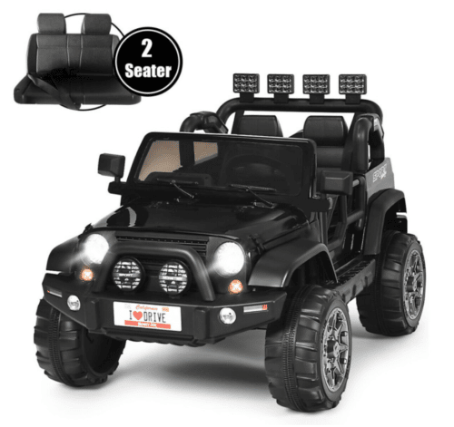 Black battery operated rideable toy jeep style car.